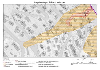 Kart over skredsoner og flomvannstandskurver for Lægdesvingen 21B