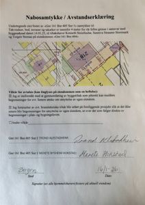 Etasjeplan eller situasjonsplan som viser tomtens oppdeling, bygninger og avstander, inkludert en tegnet grenselinje.