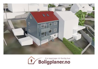 3D-visualisering av et hus med omgivende tomt og nabolag