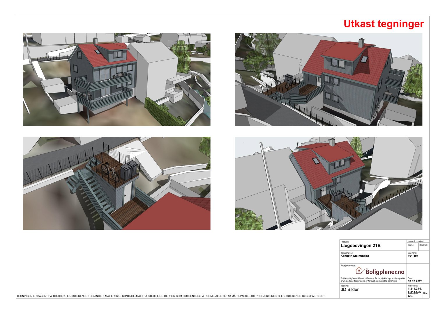 En samling av fire 3D-visualiseringer (renderinger) av et husprosjekt, vist fra ulike vinkler.
