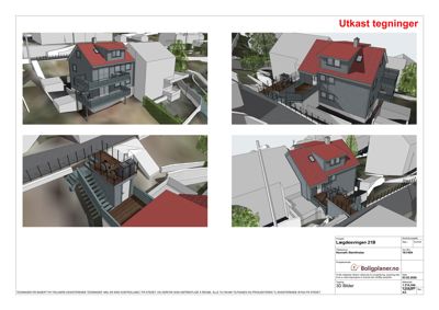 En samling av fire 3D-visualiseringer (renderinger) av et husprosjekt, vist fra ulike vinkler.