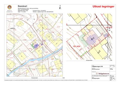 Situasjonsplan som viser tomtens beliggenhet, nabotomter, høydemål og grunnretningslinjer.