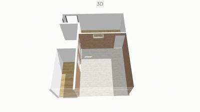 3D-visualisering (rendering) av etasjeplan med romfordeling, gulvbelag og vinduer.