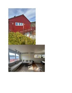 Bildet viser to fotografier av en rød hytte; øverst fasaden og nederst interiøret av stue.