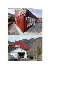 Fotografier av en eksisterende bygning (rød hytte med veranda og hvit garasje) sett fra utsiden.