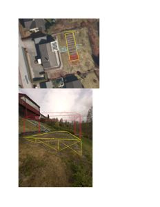 Bildet viser en situasjonsplan (top) og en 3D-visualisering (bunn) av et byggeprosjekt. Toppen er en flyfoto med overlagte ruter og mål, mens bunnen er en rendering med konstruksjonslinjer.