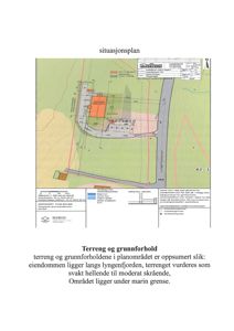 Situasjonsplan som viser eiendomsgrunnstedsnummer, arealoppdeling, bygningers plassering og topografi.