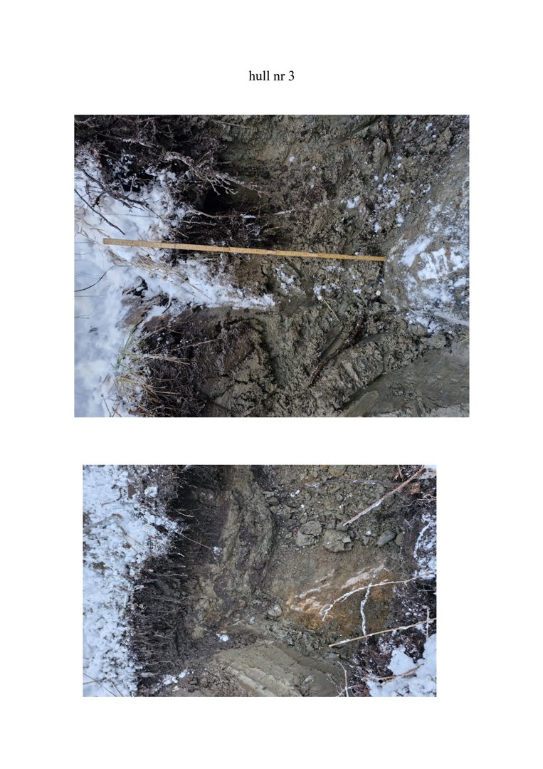 Fotografier av et utgravd hull (merket 'hull nr 3') i bakken, sannsynligvis fra en geoteknisk undersøkelse eller grunnundersøkelse.