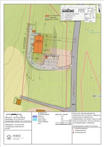 Situasjonsplan som viser eiendomsgranser, arealstatistikk og plassering av nye bygg i forhold til eksisterende infrastruktur.