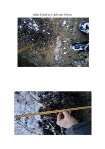 Fotografier fra et utgravningshull (hull nr 4) som viser fjell under 130 cm dyp, med målebånd for å dokumentere dybden.