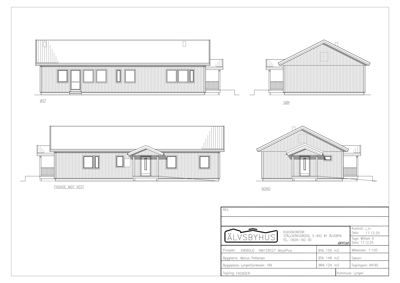 Fasadetegning som viser bygningens utseende fra fire ulike retninger (Øst, Sør, Vest og Nord).
