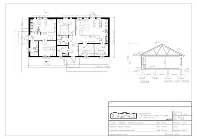 Etasjeplan (plantegning) med romfordeling, dimensjoner og en snittegning (SNITT A-A) av huset.