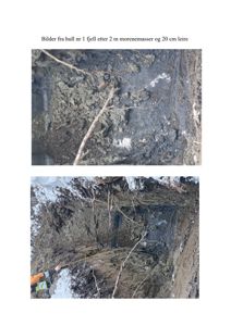 Fotografier fra et utgravet hull (hull nr 1) som viser jordlagene (morenemasser og leire) og en person som måler dybden.