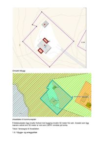 Bildet viser to kartutsnitt fra en byggesak. Øverste del er et situasjonskart (Omsøkt tilbygg) som viser tomtegrenser og eksisterende/planlagte bygg. Nedre del er et arealdelskart fra kommuneplanen med fargekodete soner.