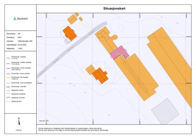 Situasjonskart som viser eiendomsområder, bygninger og vegkant i Hå kommune.