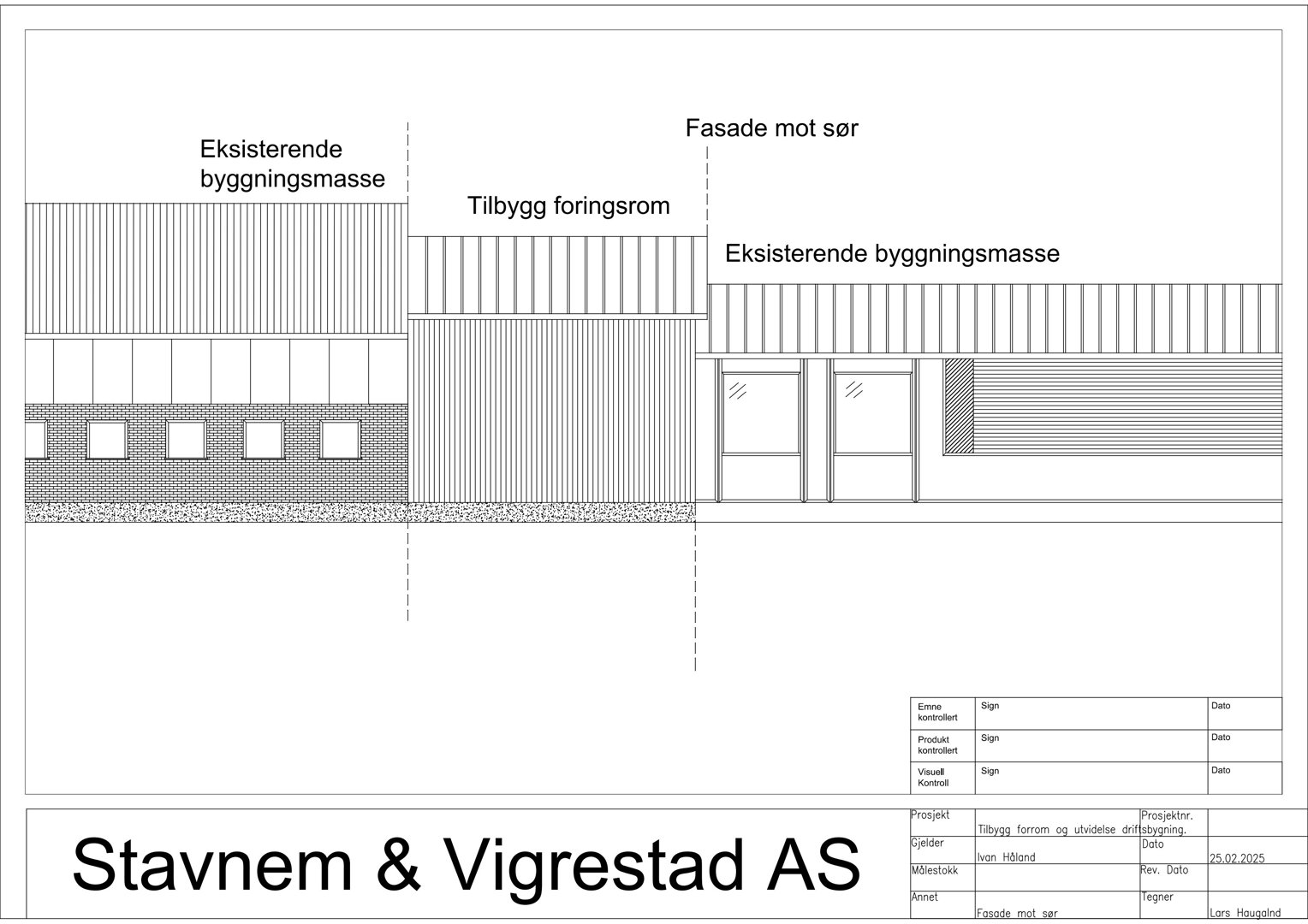 Fasadetegning som viser oppriss av en eksisterende bygning og et tilbygg sett fra sør.