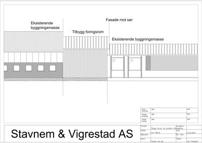 Fasadetegning som viser oppriss av en eksisterende bygning og et tilbygg sett fra sør.