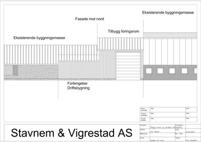 Fasadetegning som viser oppriss av eksisterende og nybygd del av en bygning sett fra nord.