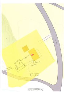 Situasjonsplan som viser tomtens beliggenhet i forhold til veier (Abellvervegen), plassering av bygninger (garasje, uthus) og en markert 'ca. plassering septik'.