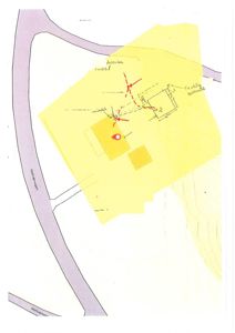 Situasjonsplan med håndskrevne notater om vann- og avløpsledninger, septic-tank plassering og kabler.