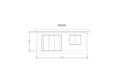 Snittegning av en bygning sett fra vest (Snitt Vest) med angitte mål på høyde og bredde.