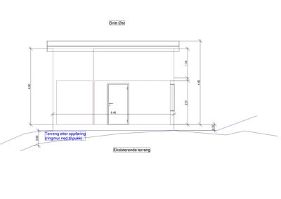 Snittegning (Snitt Øst) som viser bygningens høyde, dører, vinduer og terrengforhold.