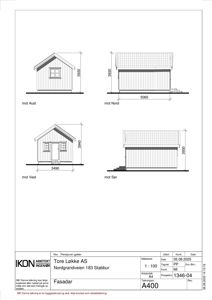 Fasadetegning som viser bygningens utseende fra fire sider (mot Aust, Nord, Vest og Sør) med mål og detaljer.