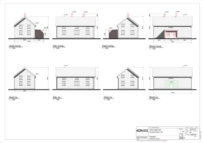 Fasadetegning som viser oppriss av bygningens fire sider (Aust, Sør, Vest, Nord) for både eksisterende (over) og ny (under) tilstand.