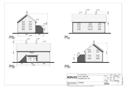 Fasadetegning som viser bygningens utsyn mot Aust, Sør, Vest og Nord med mål og høyder.