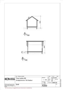 Snittegning av et stabbursliknende bygg med oppgitt mål og konstruksjonsdetaljer.