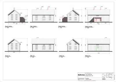 Fasadetegning som viser oppriss av bygningens fire sider (Aust, Sør, Vest, Nord) for både eksisterende (over) og ny (under) tilstand.