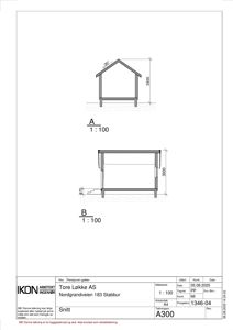 Snittegning av et stabbursliknende bygg med oppgitt mål og konstruksjonsdetaljer.