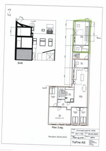 Tegning som viser etasjeplan for 3. etasje (Plan 3.etg) og et snitt gjennom bygningen (Snitt).