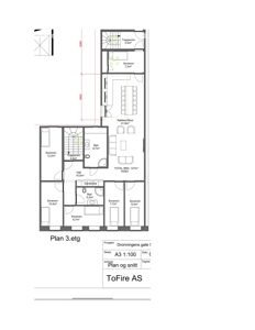 Etasjeplan for 3. etasje (Plan 3.etg) som viser romfordeling, arealer og plassering av trapp og bad.
