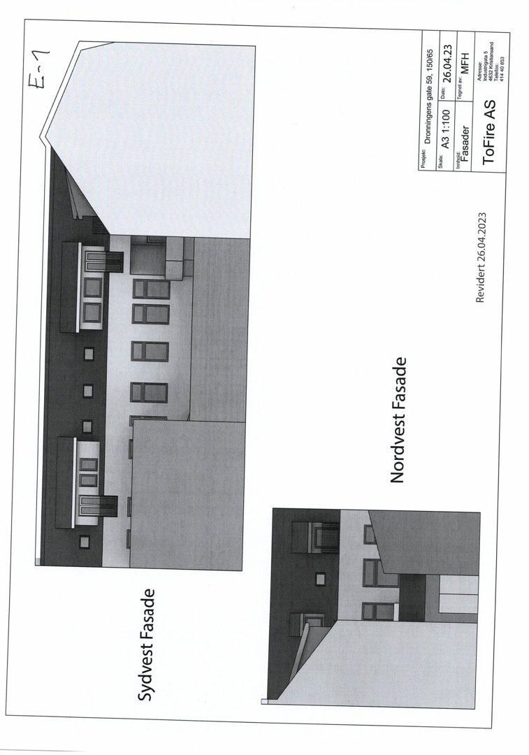Fasadetegning som viser Nordvest- og Sydvestfasaden til en bygning.
