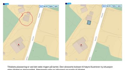 Kartvisning (flyfoto) som viser to situasjoner for et tiltak: venstre viser eksisterende plassering (rød ring), høyre viser planlagt plassering (skravert boks).