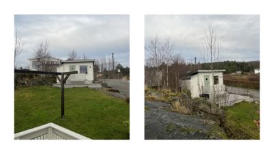 Fotografier av en liten hvit hytte eller uthus sett fra ulike vinkler på en grus- og grøntområde.