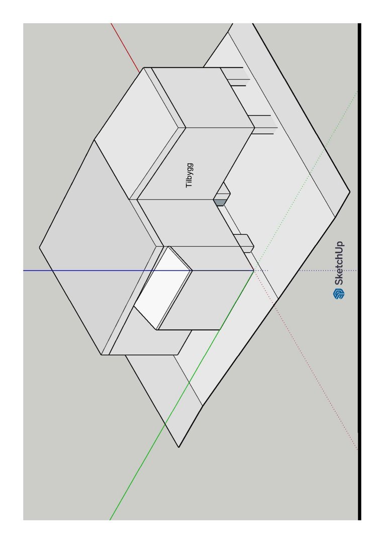 En 3D-visualisering (rendering) av en bygning sett fra oven (top-down view). Tegningen viser bygningens form, volum og plassering i forhold til tommelementer, med en 'SketchUp'-logo synlig.