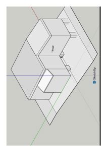En 3D-visualisering (rendering) av en bygning sett fra oven (top-down view). Tegningen viser bygningens form, volum og plassering i forhold til tommelementer, med en 'SketchUp'-logo synlig.