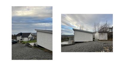 Fotografier av en hvit, langbygning (sannsynligvis en uthus eller garasje) sett fra siden og bakfra, med en bil og nabolag i bakgrunnen.