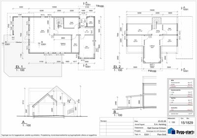 Etasjeplaner (Et. 1 og Et. 2) med romfordeling, mål og en snittegning (A-A) som viser takform og høyder.