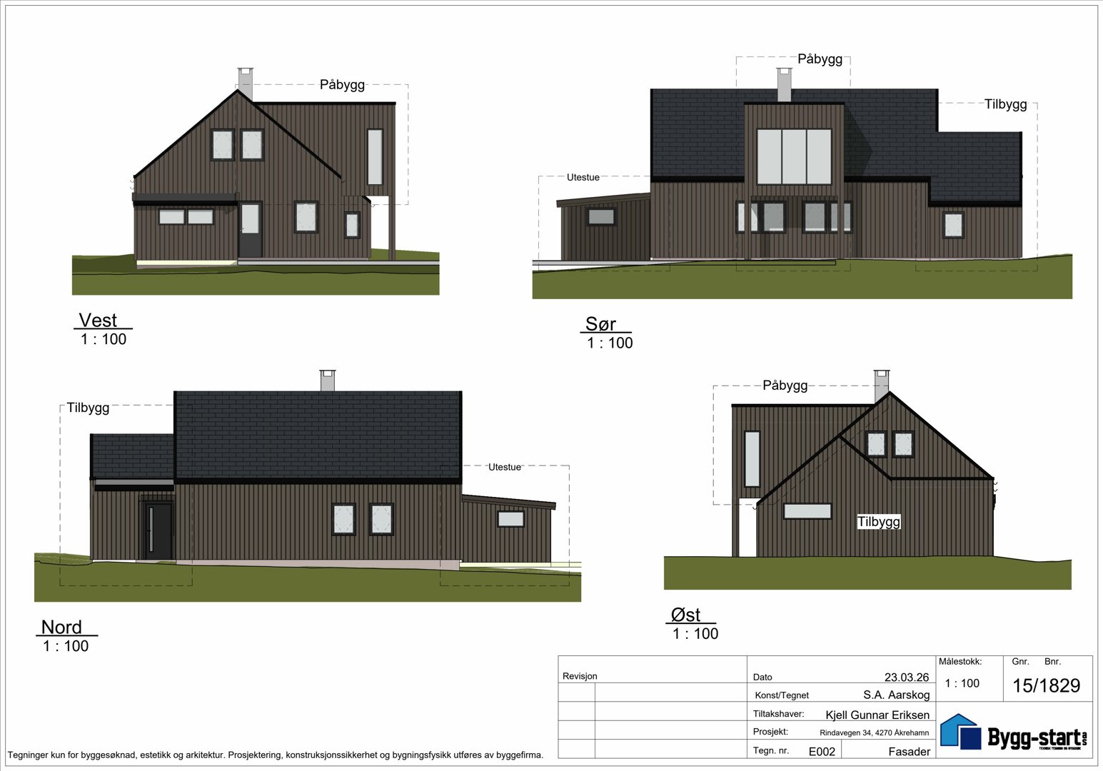 Fasadetegning som viser bygningens utseende fra fire sider (Vest, Sør, Nord, Øst) med angitte mål og endringer.
