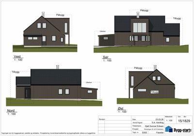 Fasadetegning som viser bygningens utseende fra fire sider (Vest, Sør, Nord, Øst) med angitte mål og endringer.
