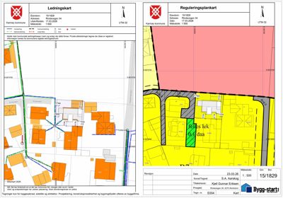 Bildet viser to kart: et ledningskart (venstre) og et reguleringsplankart (høyre) for eiendommen Rindvegen 34.