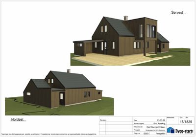 Fasadetegning som viser bygningens utseende fra to ulike vinkler (Sørvest og Nordøst).