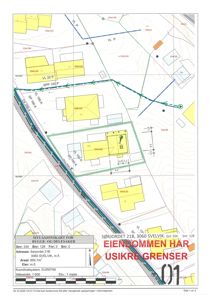 Situasjonskart som viser eiendomsgrenser, naboeiendommer og infrastruktur.