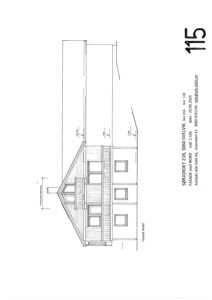 Fasadetegning av en bygning sett fra nord, med mål og detaljer.