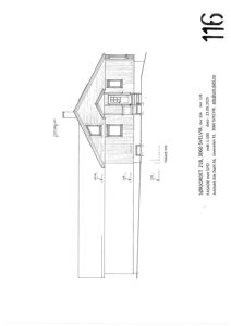 Fasadetegning av en bygning sett fra syd, med mål og detaljer.