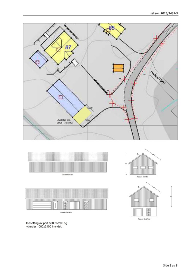 Bildet viser en fasadetegning med fire varianter av et hus (fra front, side, bak og vinkel), samt en situasjonsplan øverst som viser bygningens plassering i forhold til vei.