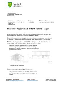 En tegning som viser fasade og snitt av en planlagt carport (garasje).